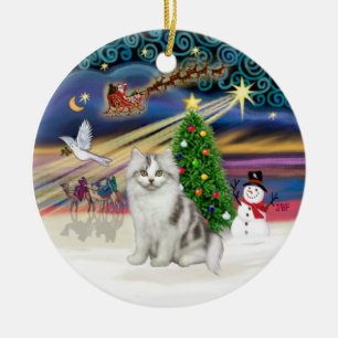 Xmas Magic -Ragamuffin Grey-White cat Ceramic Tree Decoration