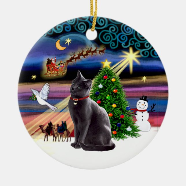 Xmas Magic - Russian Blue cat Ceramic Tree Decoration (Front)
