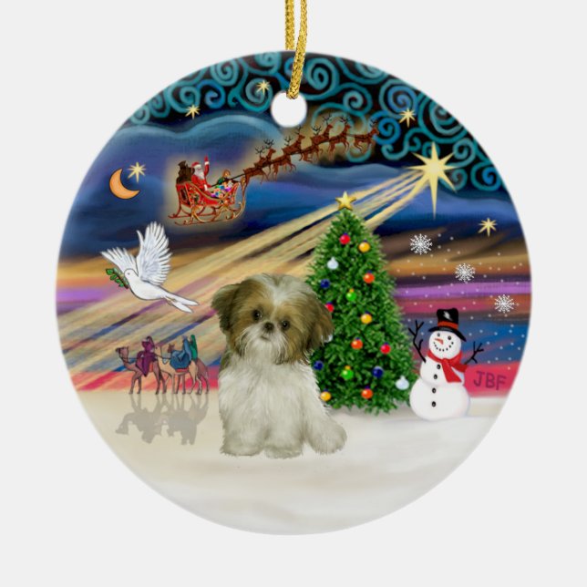 Xmas Magic - Shih Tzu Puppy (brown-white) Ceramic Tree Decoration (Front)