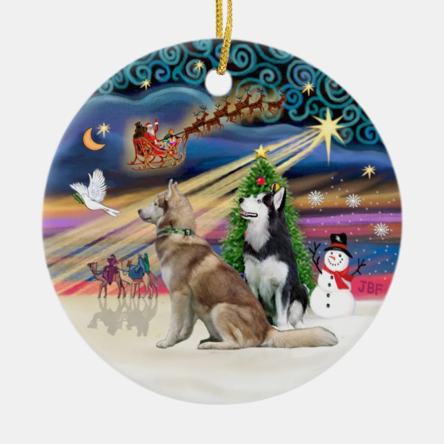 Xmas Magic - Siberian Huskys (Red + BW) Ceramic Tree Decoration (Front)