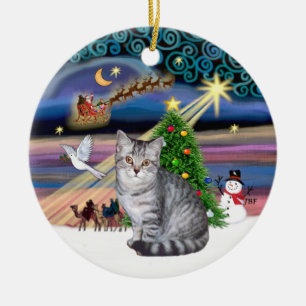 Xmas Magic - Silver Tabby cat Ceramic Tree Decoration