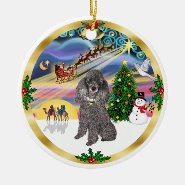 Xmas Magic - Silver Toy Poodle Ceramic Tree Decoration (Front)