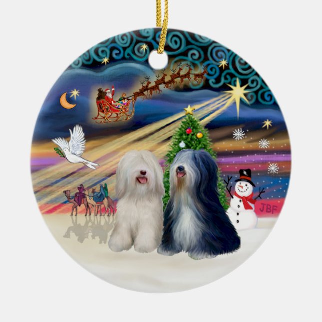 Xmas Magic - Tibetan Terriers (TWO) Ceramic Tree Decoration (Front)
