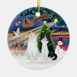 Xmas Magic - Two Cats - White + Black and White Ceramic Tree Decoration