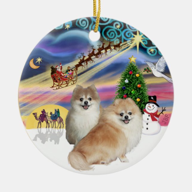 Xmas Magic - Two Pomeranians (WS+fawn) Ceramic Tree Decoration (Front)