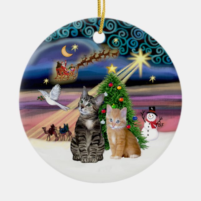 Xmas Magic - Two Tabby cats (#2) Ceramic Tree Decoration (Front)