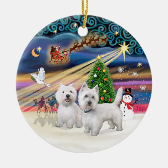 Xmas Magic - Two Westies Ceramic Tree Decoration (Front)