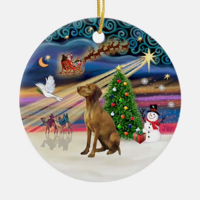 Xmas Magic - Vizsla #2 Ceramic Tree Decoration (Front)