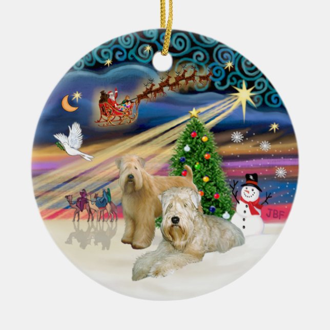 Xmas Magic - Wheaten Terriers (TWO) Ceramic Tree Decoration (Front)
