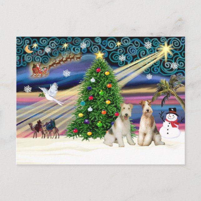 Xmas Magic-Wire Fox Terrier PAIR Holiday Postcard (Front)