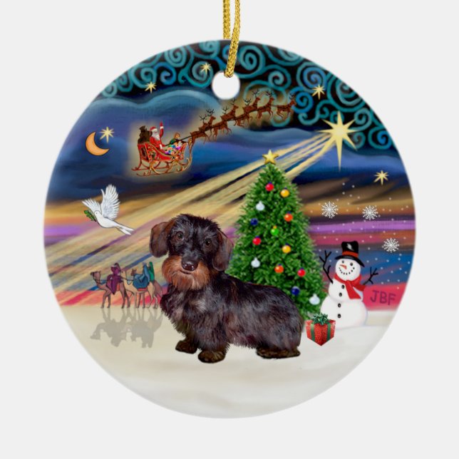 Xmas Magic - Wire Haired Dachshund Ceramic Tree Decoration (Front)
