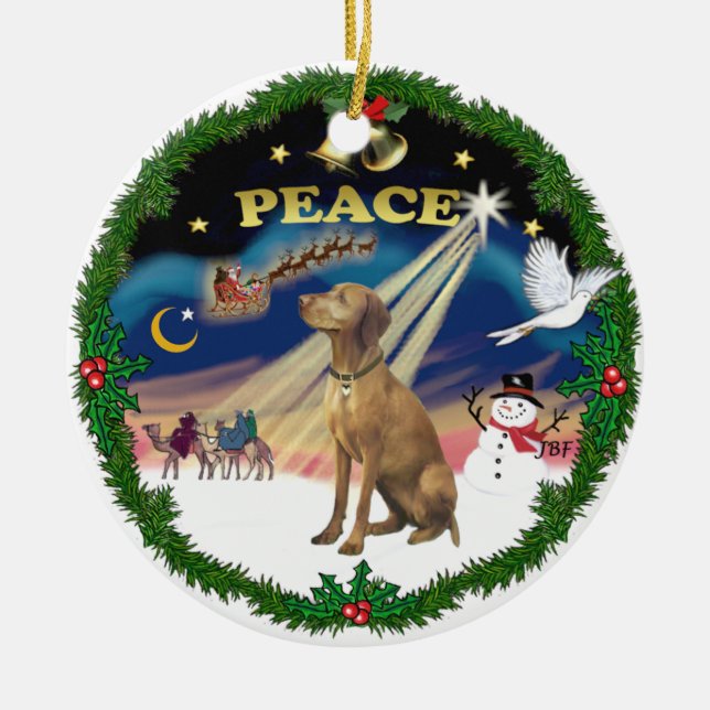 Xmas Magic (wreath)  - Vizsla #2 Ceramic Tree Decoration (Front)