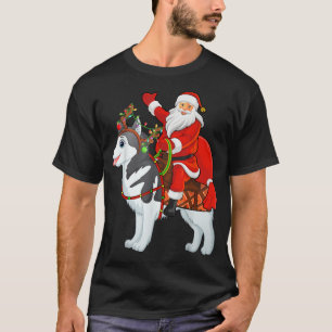 Xmas Matching Funny Santa Riding Alaskan Malamute  T-Shirt
