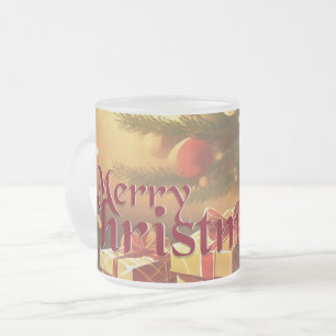 Xmas Motif, with Presents Under the Christmas Tree Frosted Glass Coffee Mug