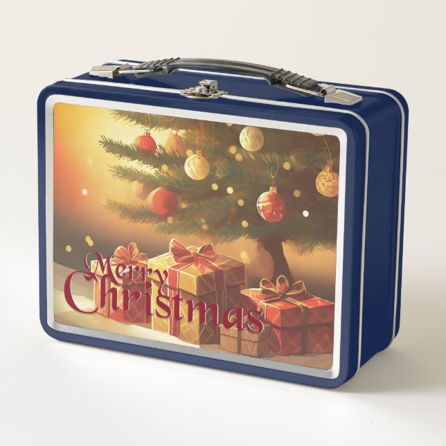 Xmas Motif, with Presents Under the Christmas Tree Metal Lunch Box (Front)