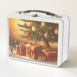 Xmas Motif, with Presents Under the Christmas Tree Metal Lunch Box