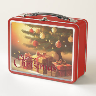 Xmas Motif, with Presents Under the Christmas Tree Metal Lunch Box