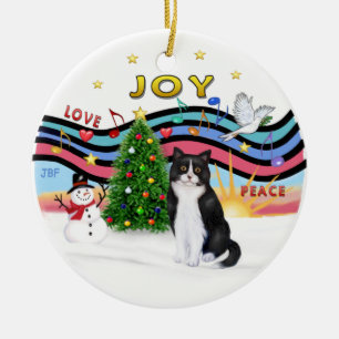 Xmas Music #1 - Black and White cat Ceramic Tree Decoration