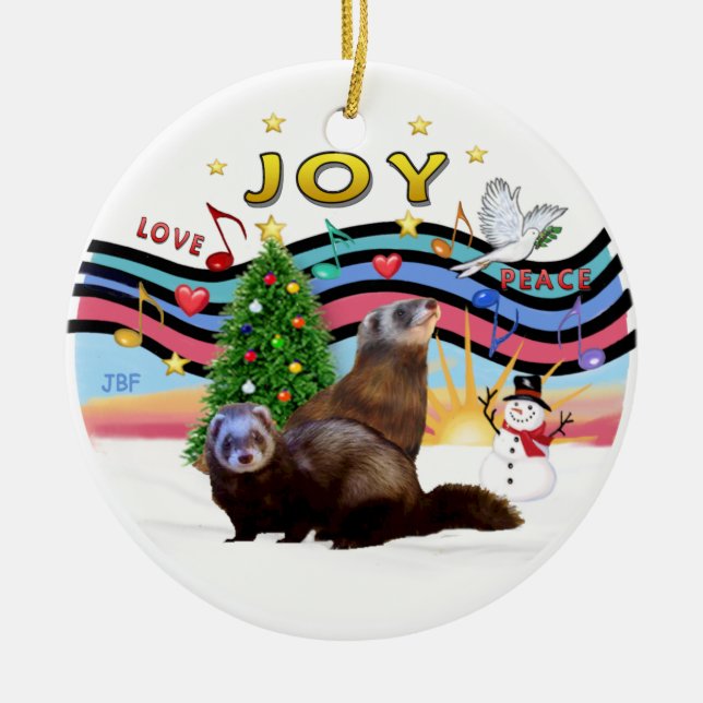 Xmas Music 1 - Two Ferrets Ceramic Tree Decoration (Front)