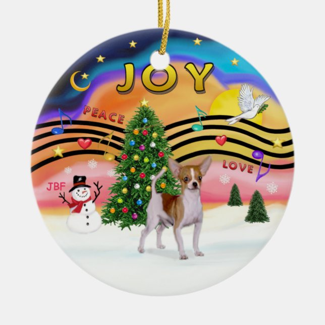 Xmas Music 2 - Chihuahua (brown-white) Ceramic Tree Decoration (Front)