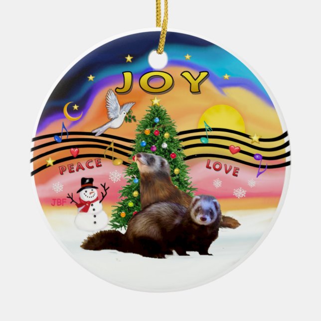 Xmas Music 2 - Two Ferrets Ceramic Tree Decoration (Front)
