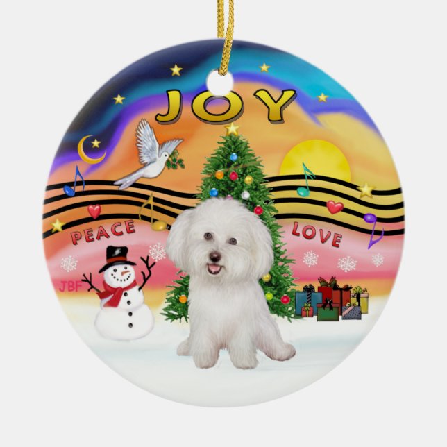Xmas Music 2P - Bichon Frise 7 Ceramic Tree Decoration (Front)