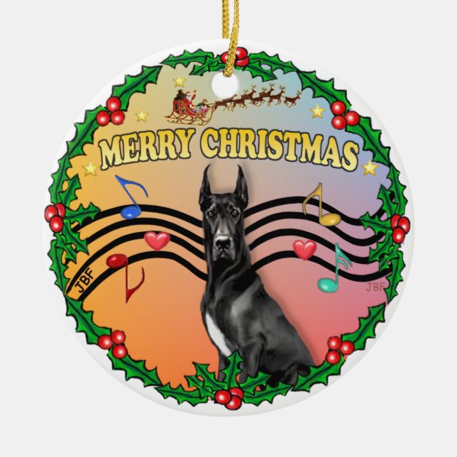 Xmas Music (gr) - Black Great Dane Ceramic Tree Decoration (Front)