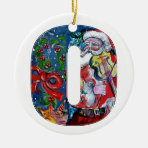 XMAS O LETTER /SANTA  CLAUS WITH VIOLIN MONOGRAM CERAMIC TREE DECORATION