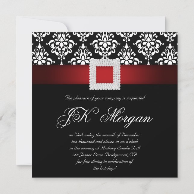 Xmas Office Party Invite Jewels Red Black White Sq (Front)