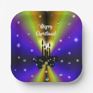 Xmas on Purple Yellow Rainbow with Pearls Paper Plate