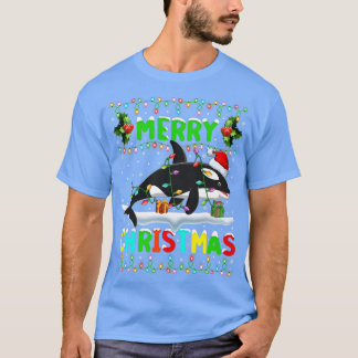 Xmas Orca Fish Lighting Santa Hat Merry Christmas T-Shirt
