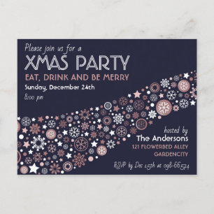 Xmas Party Rose Gold White Blue Snowflakes Invitation Postcard