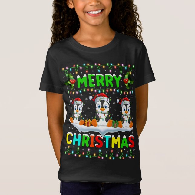 Xmas Penguin Bird Lighting Santa Hat Merry Christm T-Shirt (Front)