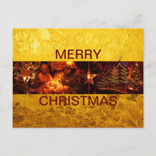 Xmas - Photo Stripe - Red / gold leaf background Holiday Postcard