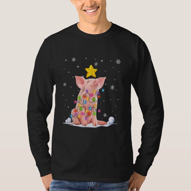Xmas Pig Animals  Christmas Tree Lights T-Shirt (Front)