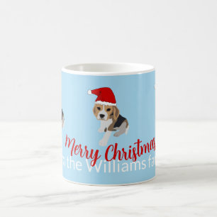 XMAS PUPPY IN RED SANTA HAT CUSTOM DOG BEAGLE BLUE COFFEE MUG