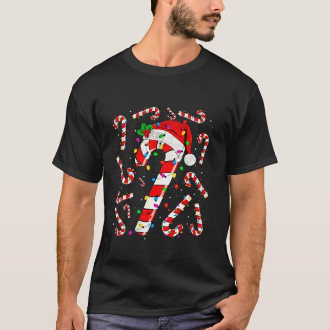 Xmas Red and White Candy Cane Santa Christmas Ligh T-Shirt (Front)