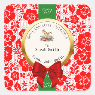XMAS Red LACE Editable Gift Bag Square Sticker