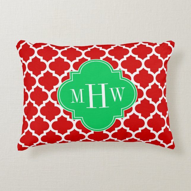 Xmas Red White Moroccan #5 Emerald Name Monogram Decorative Cushion (Front)