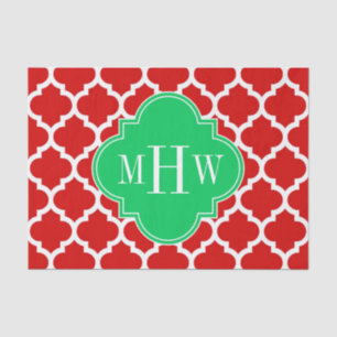 Xmas Red White Moroccan #5 Emerald Name Monogram Tissue Paper
