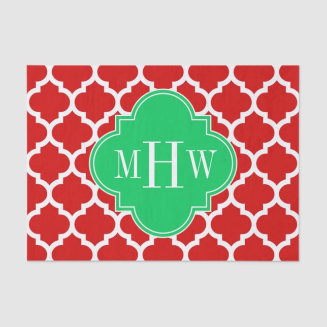 Xmas Red White Moroccan #5 Emerald Name Monogram Tissue Paper (Front)