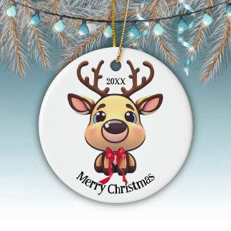 Xmas Reindeer, deer with antlers, cartoon graphic Ceramic Tree Decoration
