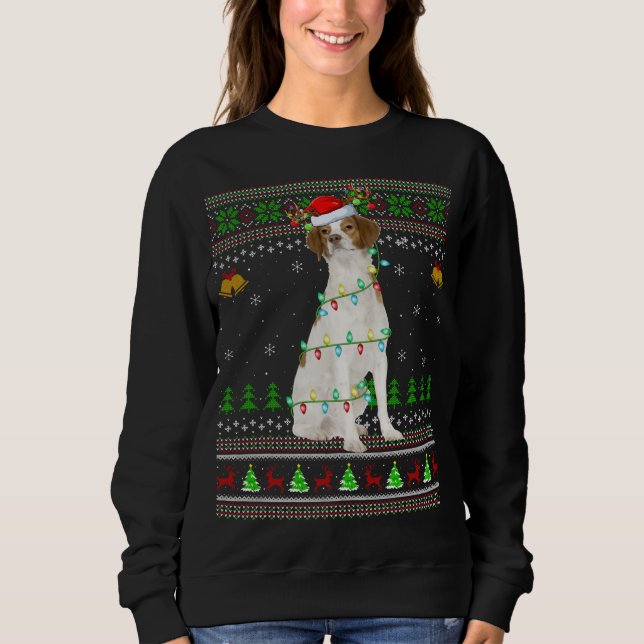 Xmas Reindeer Santa Hat Brittany Spaniel Dog Ugly  Sweatshirt (Front)