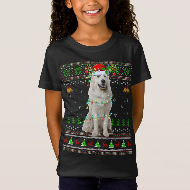 Xmas Reindeer Santa Hat Great Pyrenees Dog Ugly Ch T-Shirt (Front)