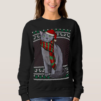 Xmas Russian Blue Cat Santa Hat Ugly Christmas Sweatshirt