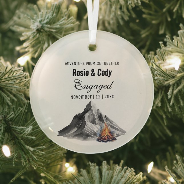 Xmas Rustic Black Mountain Bon Fire Couple Engaged Glass Tree Decoration (Insitu)