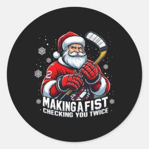 Xmas Santa Hockey Players Making A Fist Checking Y Classic Round Sticker