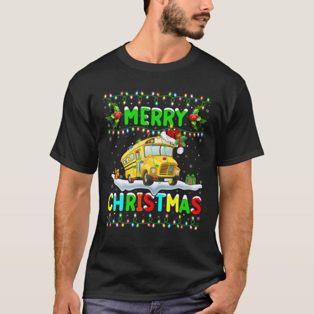 Xmas School Bus Lighting Santa Merry Christmas Sch T-Shirt (Front)