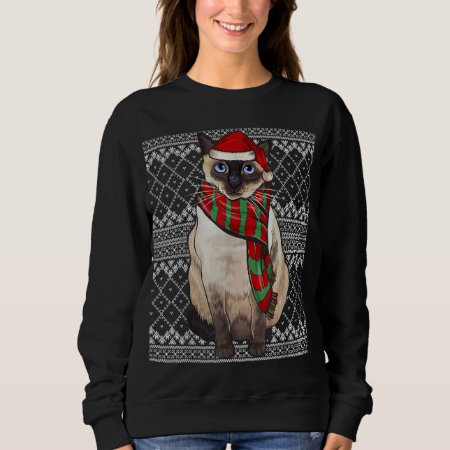 Xmas Siamese Cat Santa Claus Hat Ugly Christmas Sweatshirt (Front)