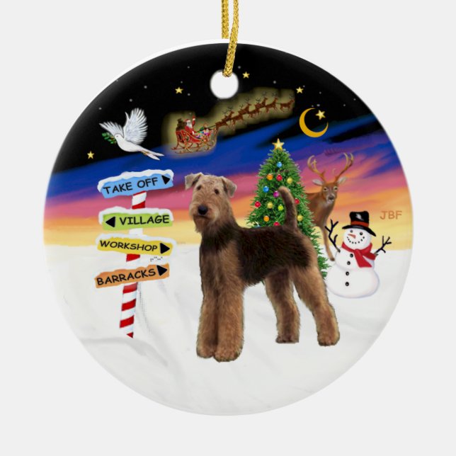 Xmas Signs - Airedale (standing) Ceramic Tree Decoration (Front)